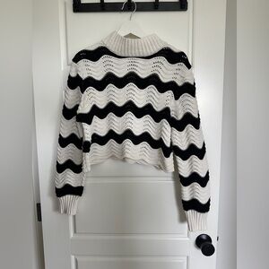Black and White Cowl Neck Chevron Crochet Knit Sweater
